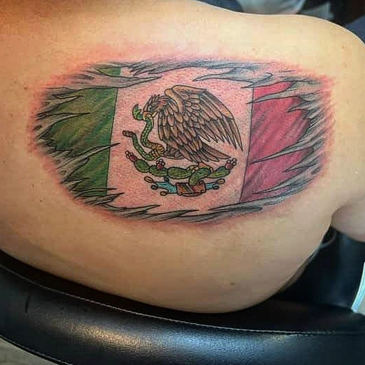 Mexican flag American traditional tattoo on the shoulder by Josh Sroga