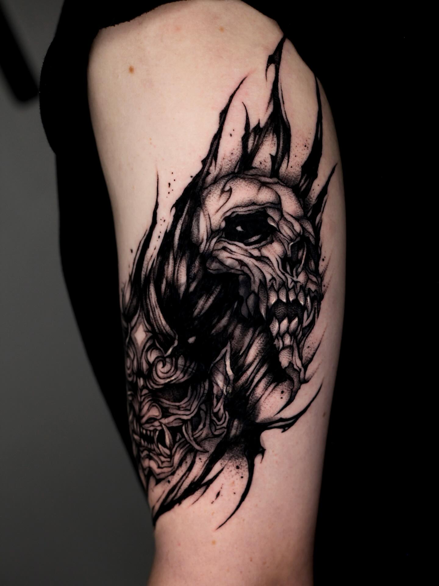 Demon head dark realism tattoo on the forearm by Kimgang 김강