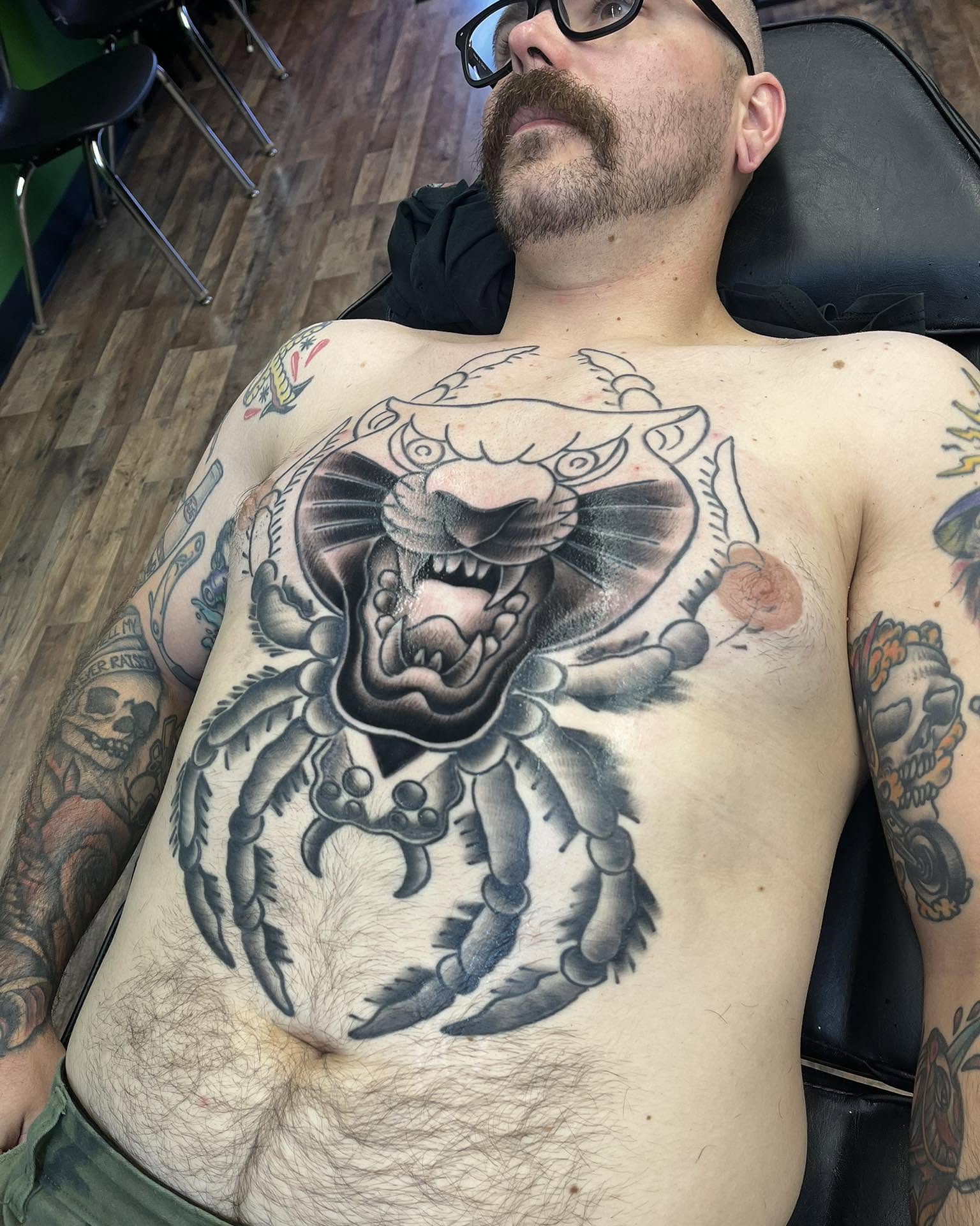 Panther American traditional tattoo on the chest by Josh Roberts, Franklin, Ohio