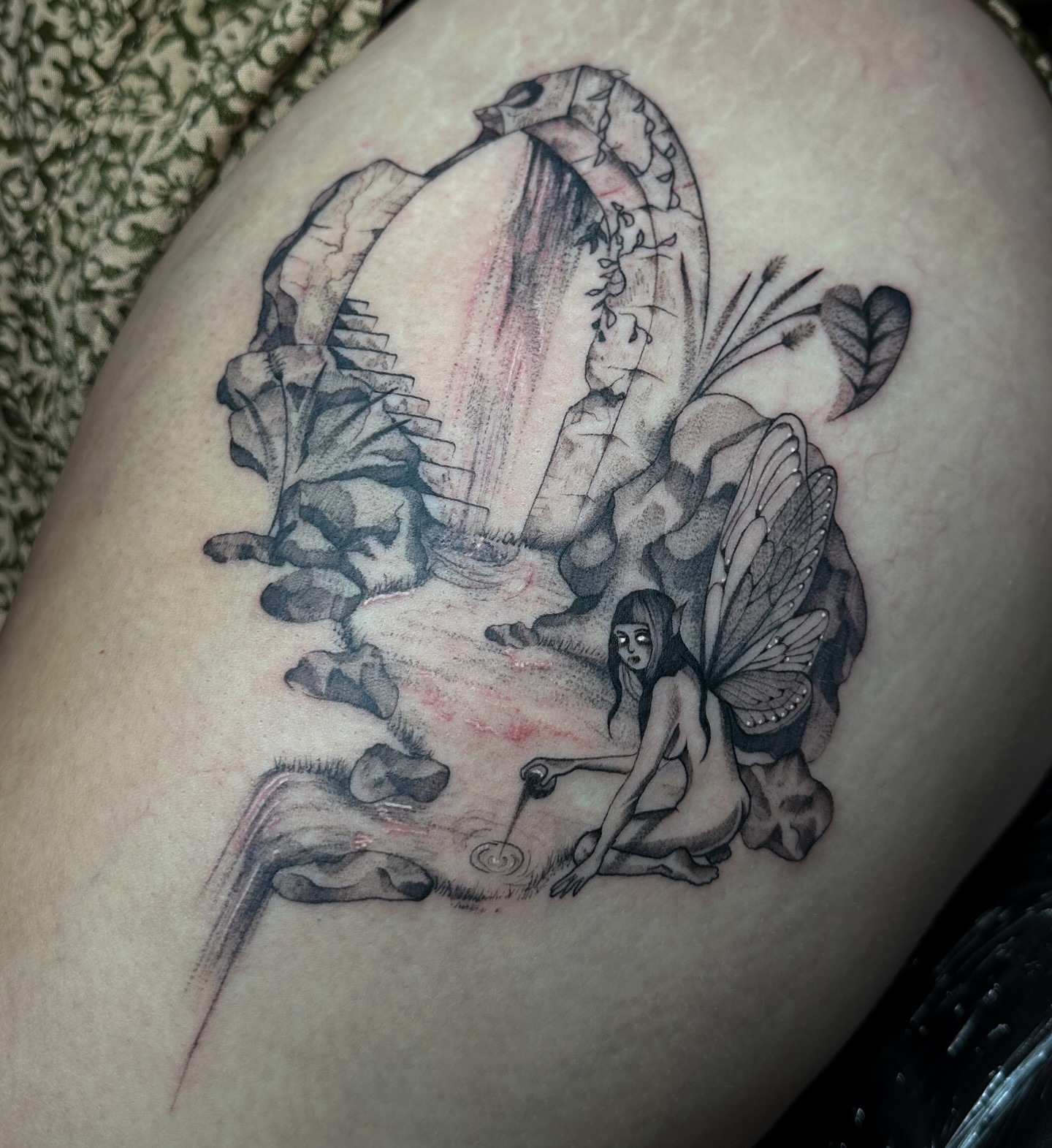 Fairy and waterfall realism tattoo on the thigh by 𝔐𝔦𝔠𝔥𝔢𝔩𝔩𝔢𝔫 🦇