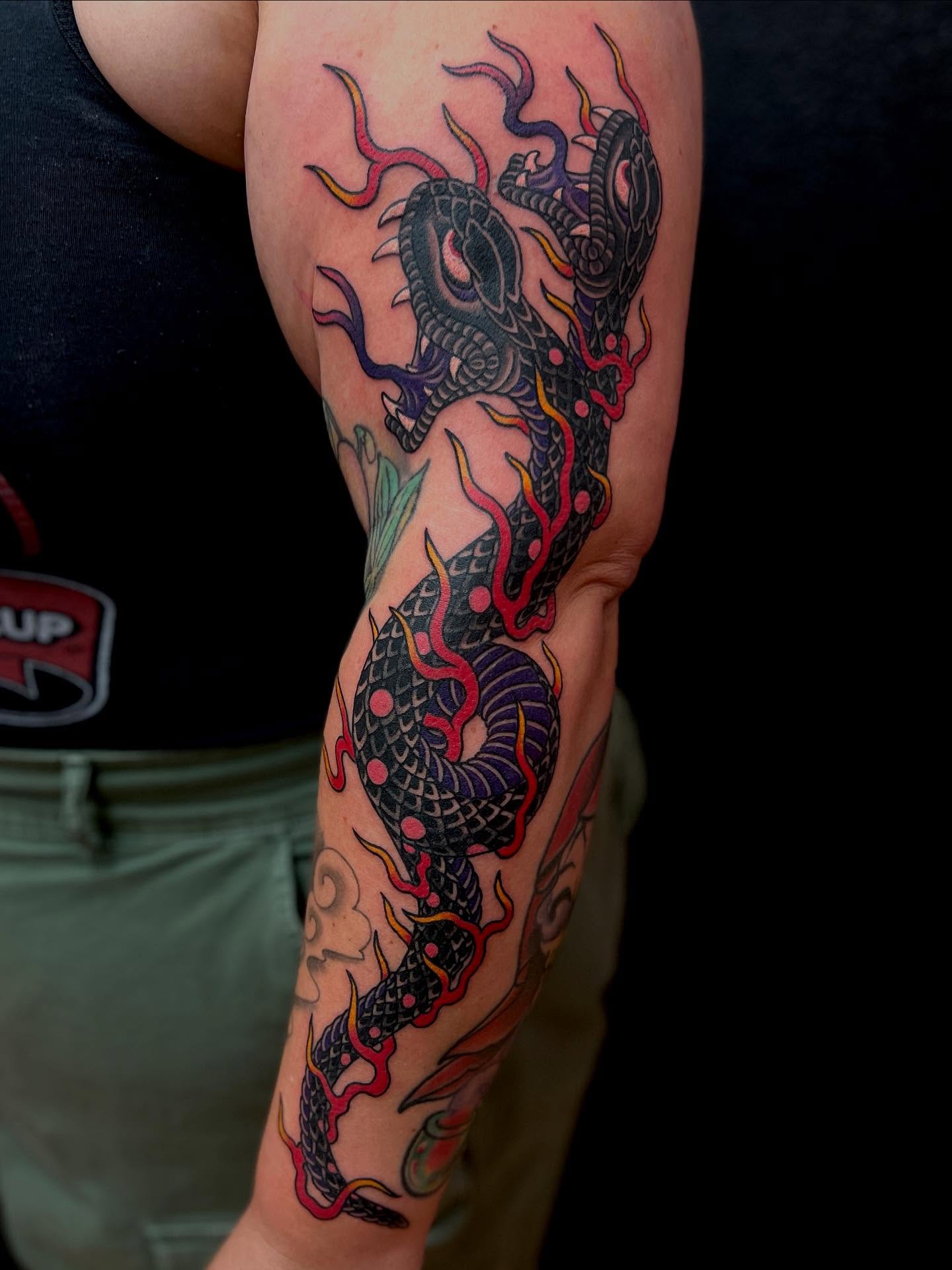 Dragon japanese irezumi tattoo on the forearm by Rocky Burley, Georgetown, Texas