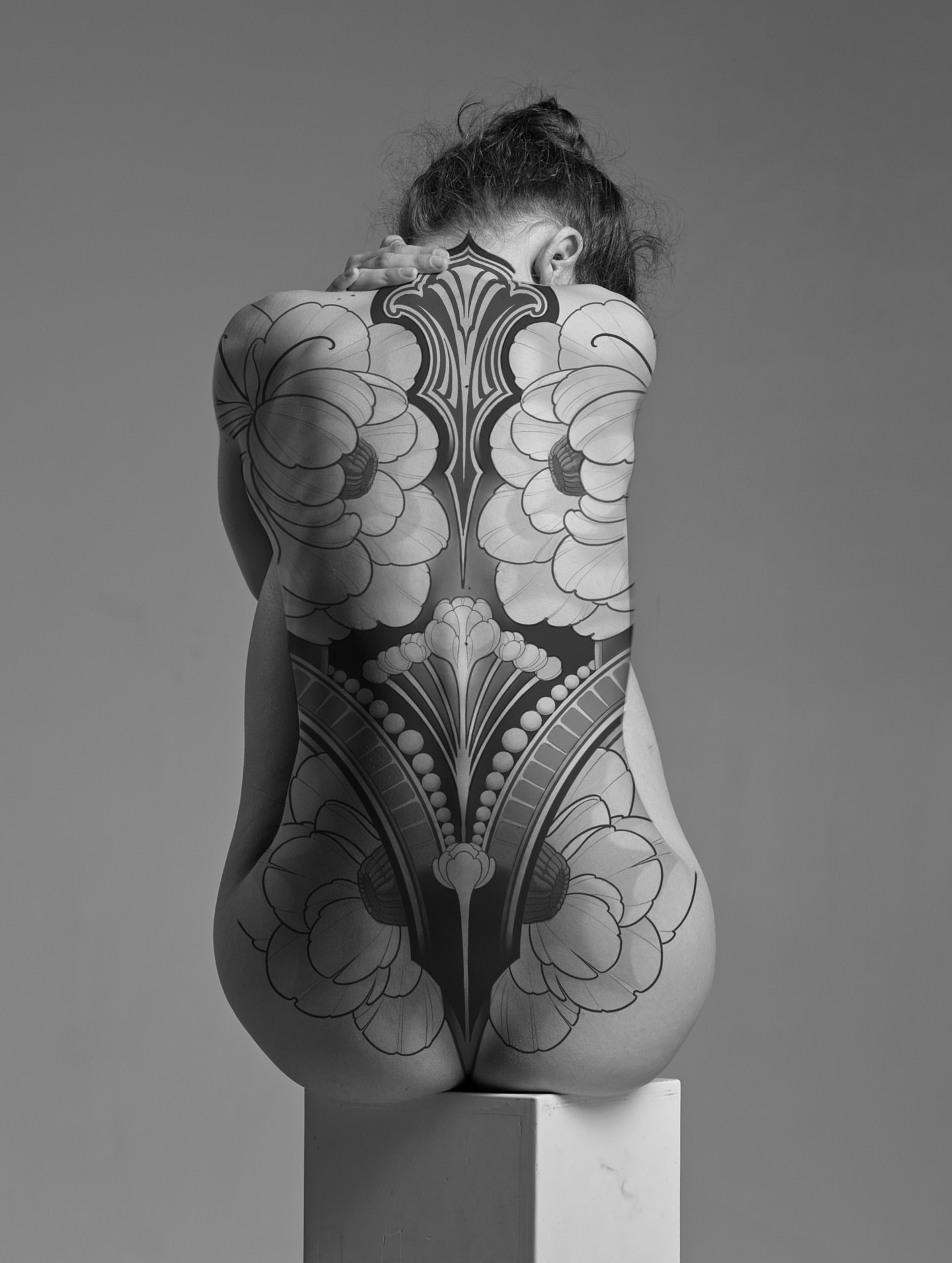 Floral pattern black and grey tattoo on the back by Carlos Valdes ✨ Tattoo Artist in Tampa FL