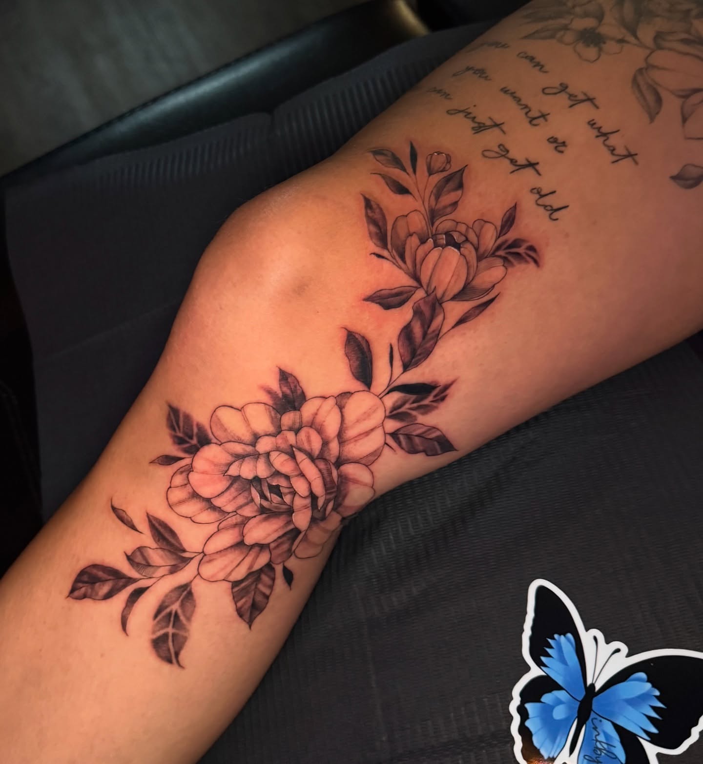 Peony flowers black and grey tattoo on the forearm by Hannah Marie ๐ฆ, Benbrook, Texas