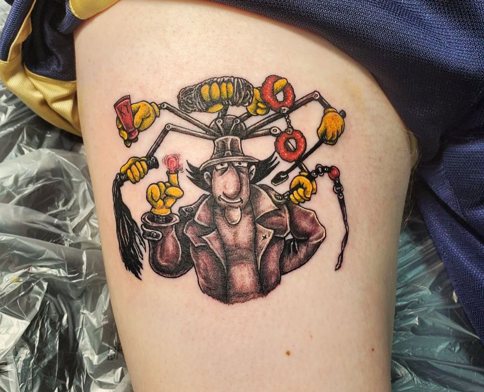Jester American traditional tattoo on the thigh by Matthew Ray, Harrisburg, North Carolina