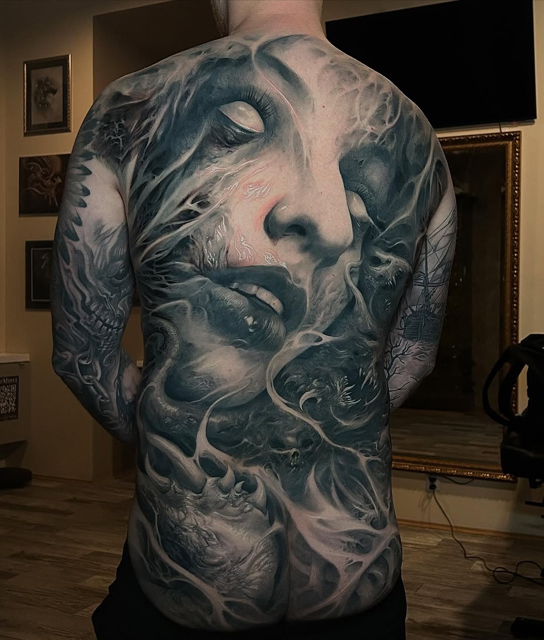Surreal portrait with abstract elements dark art tattoo on the back by David Jorquera