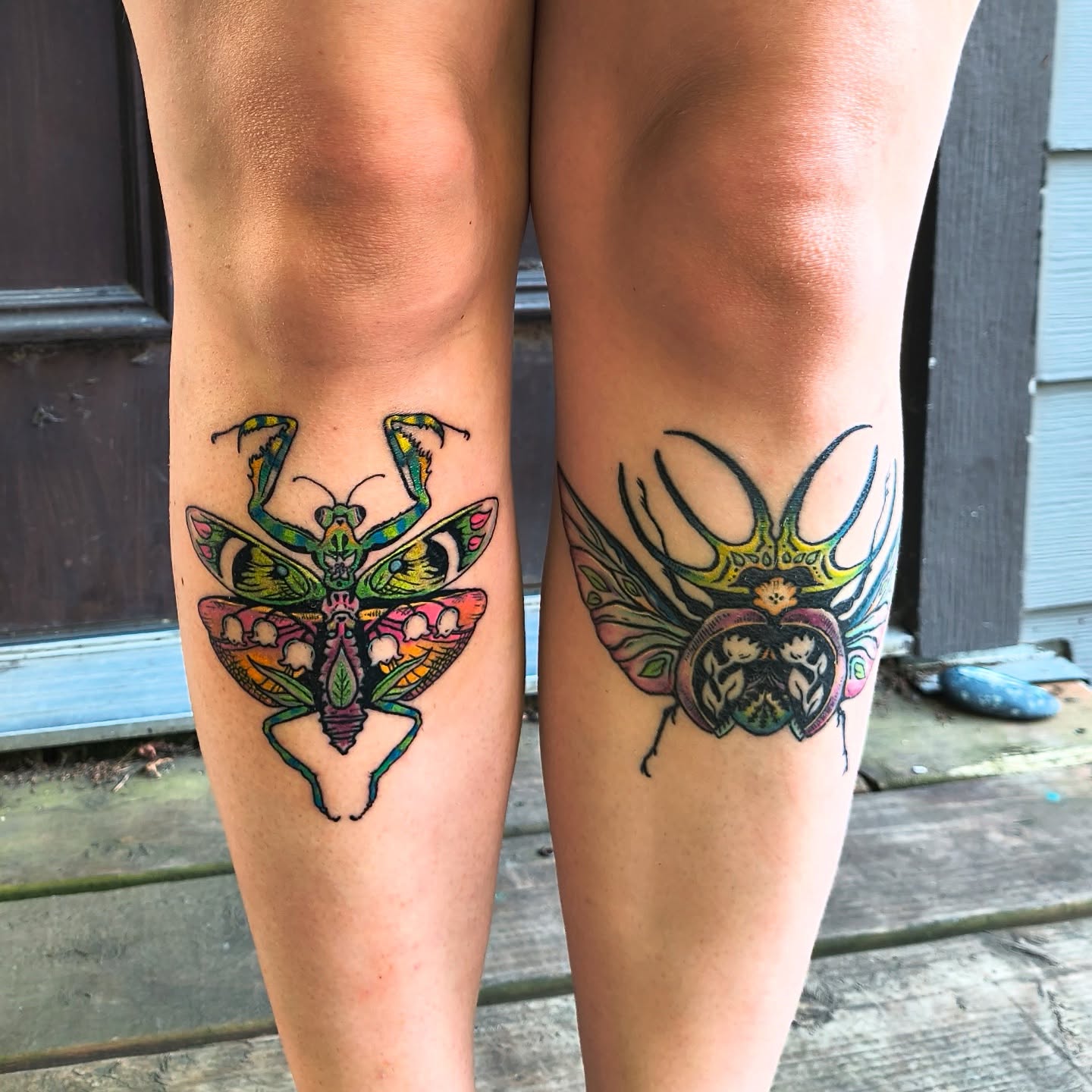 Insects dotwork tattoo on the thigh by Emma Berger