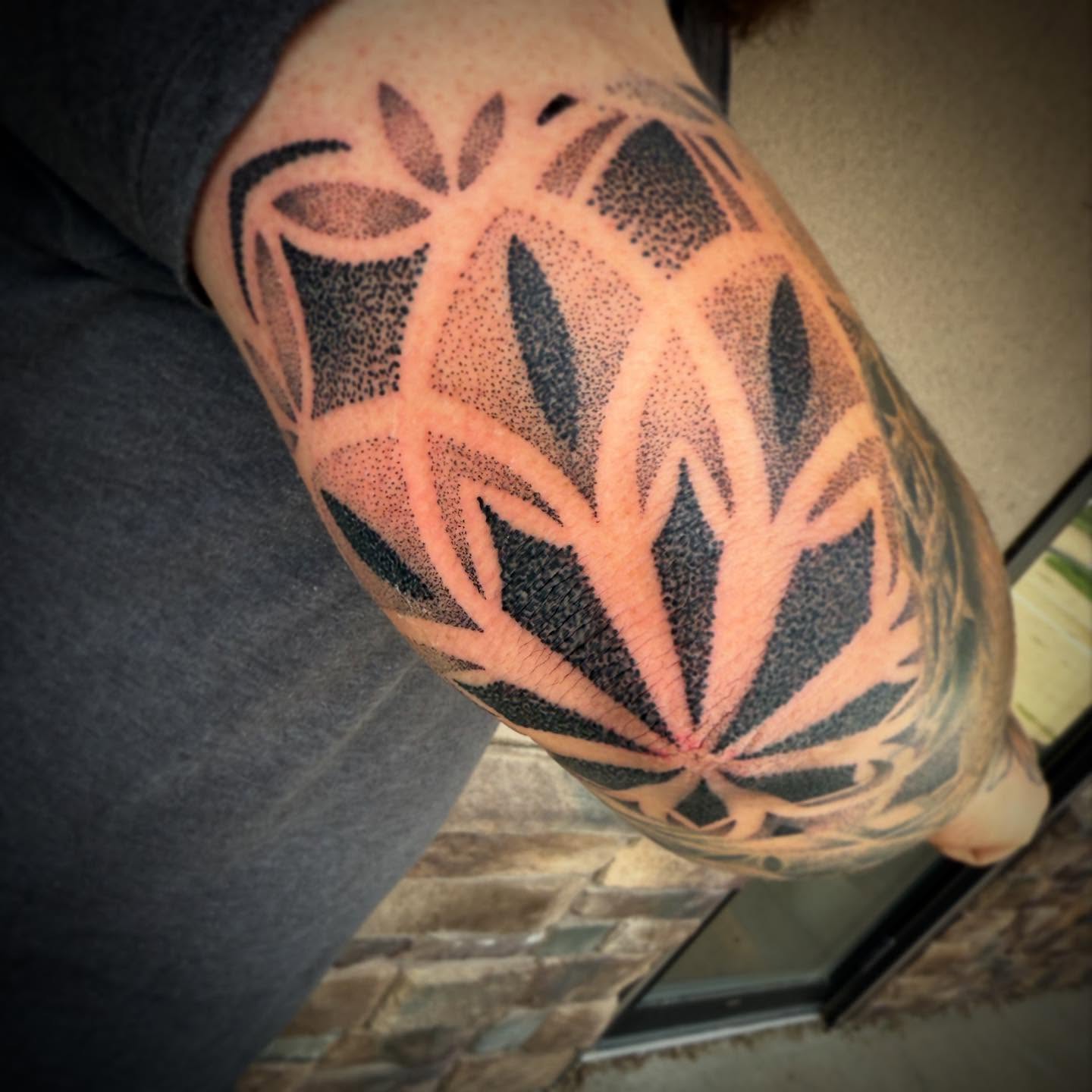Geometric pattern dotwork tattoo on the forearm by ☠Tanner Peterson☠, Knoxville, Iowa