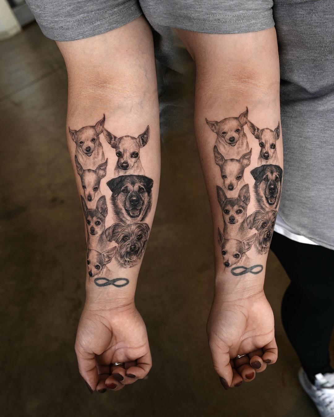 Dog portraits realism tattoo on the forearm by Ria Kim 김리아