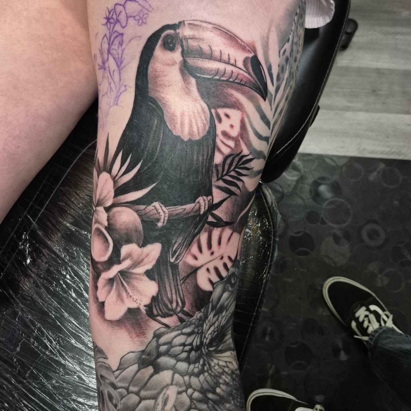 Tattoo by @huckleberrytattoos — realism, black_and_grey