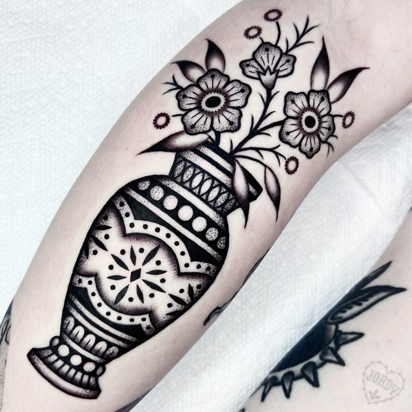 Vase with flowers dotwork tattoo on the forearm by jordy, Philadelphia, Pennsylvania