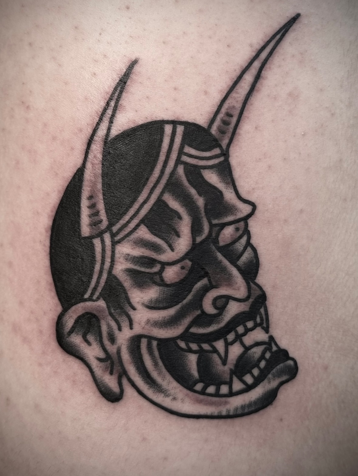 Samurai mask black and grey tattoo by Kyle O’Hara ॐ, Nashville, Tennessee