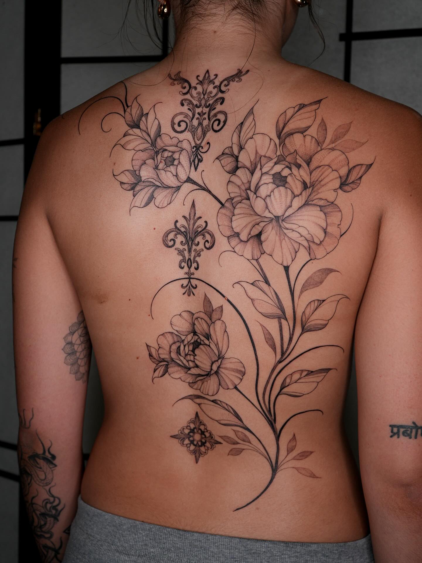 Peony flowers ornamental tattoo on the back by Pandora ✨ Floral, Los Angeles, California