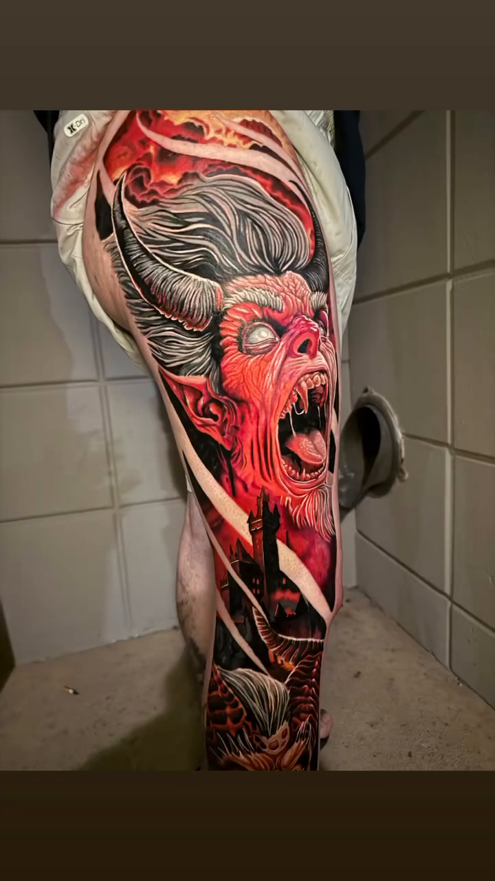 Demon face with horns japanese irezumi tattoo by Zac Pedrosa
