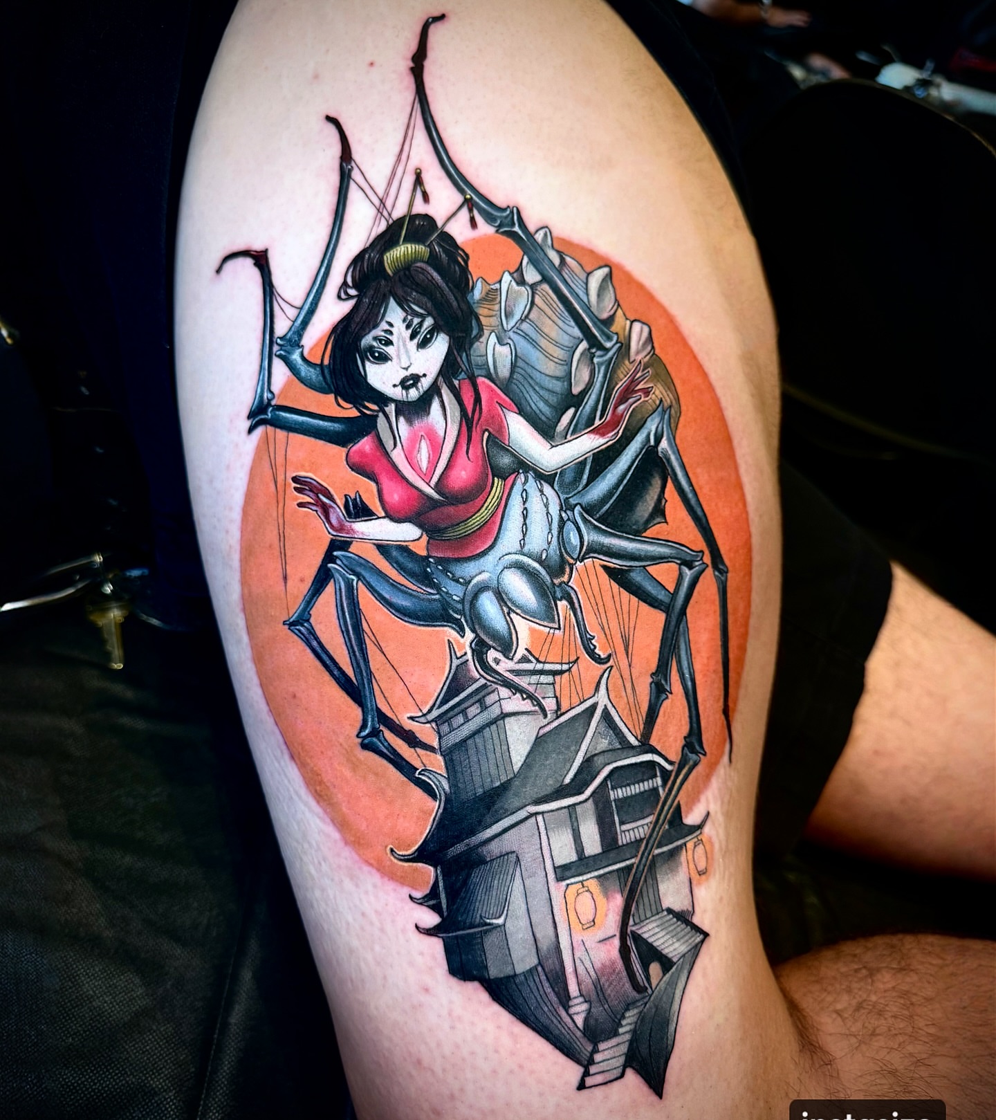 Geisha and insect anime tattoo on the thigh by Jessica Brown