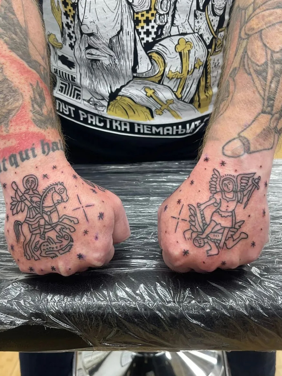 Saints American traditional tattoo on the forearm by Matthew Crimson