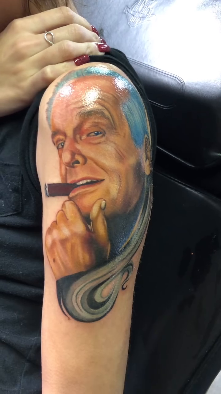 Jack Nicholson portrait realism tattoo by Kayden DiGiovanni, Addison, Texas