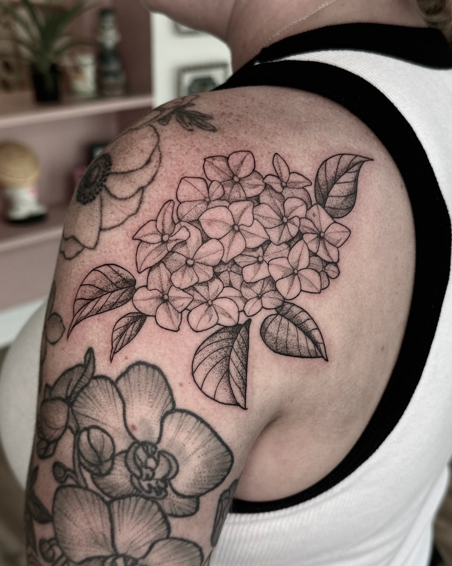 Hydrangea bouquet black and grey tattoo on the shoulder by 🌸delaney🌸