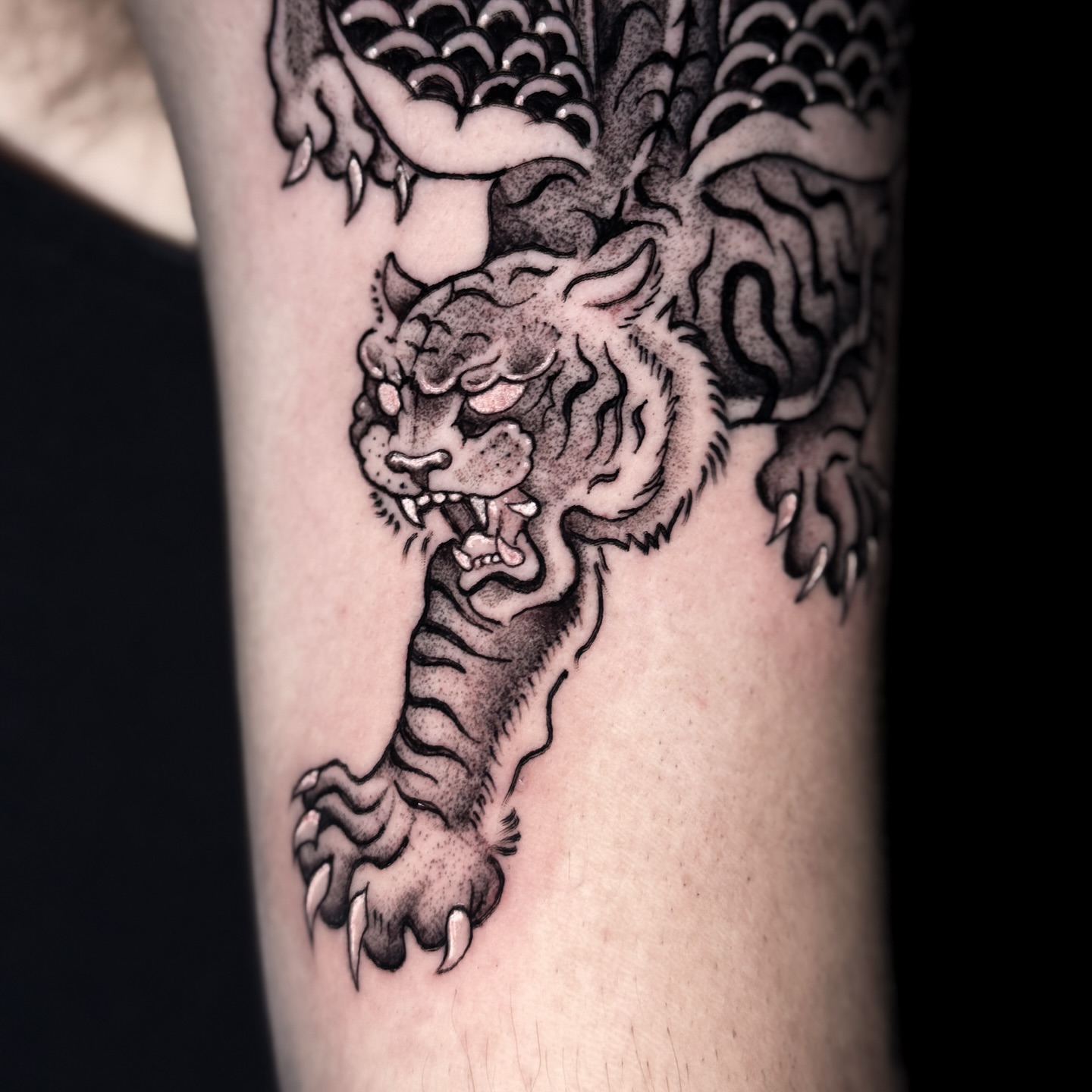 Tiger black and grey tattoo on the forearm by @sadfoo_tattoo, Austin, Texas