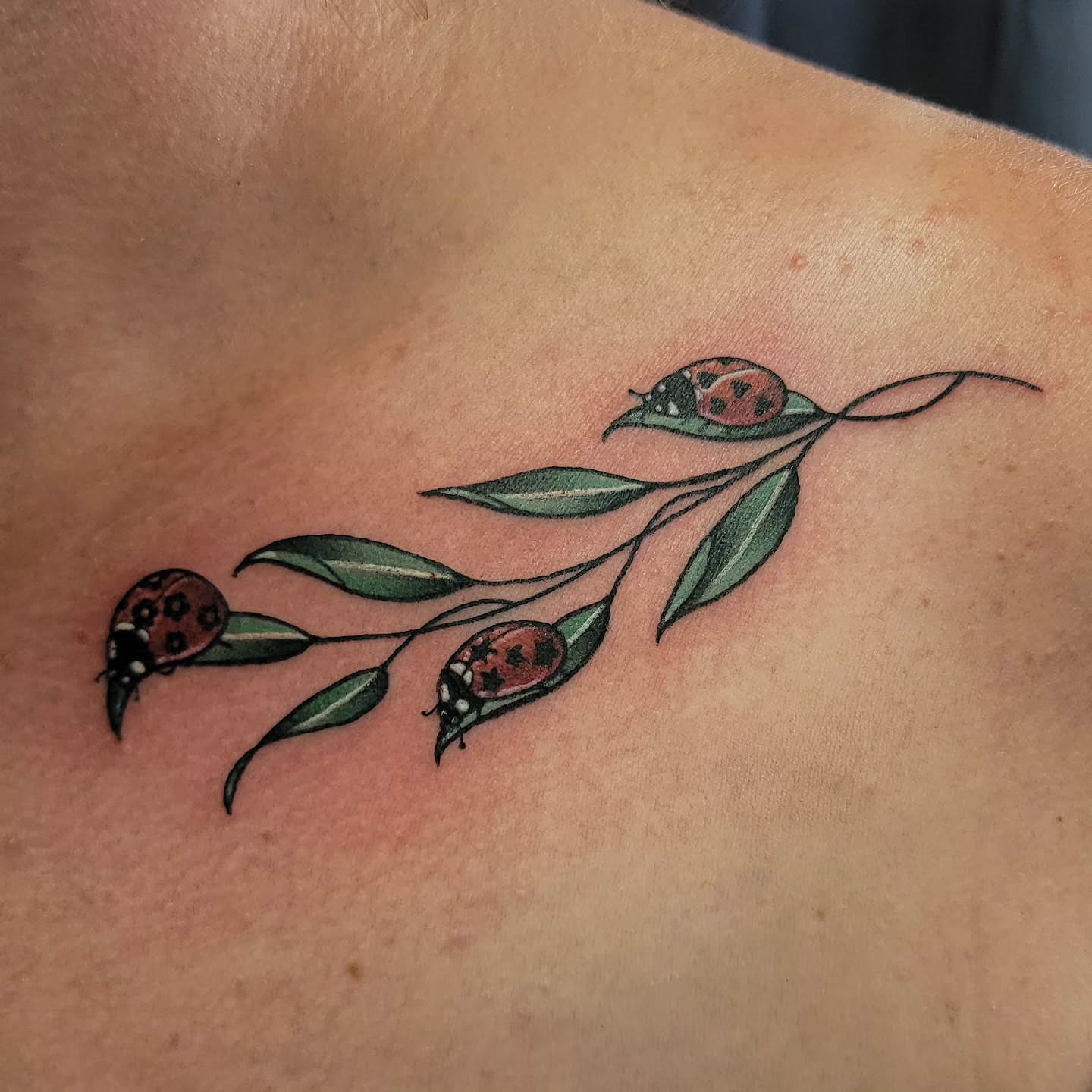 Ladybugs and leaves dotwork tattoo on the shoulder by Lizz Zonno, Naperville, Illinois