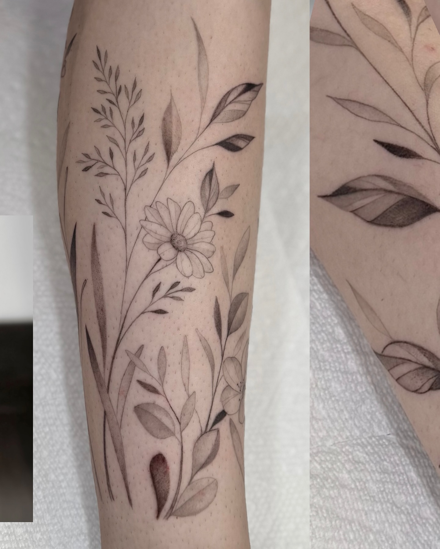 Floral arrangement black and grey tattoo on the forearm by Jax Citriglia