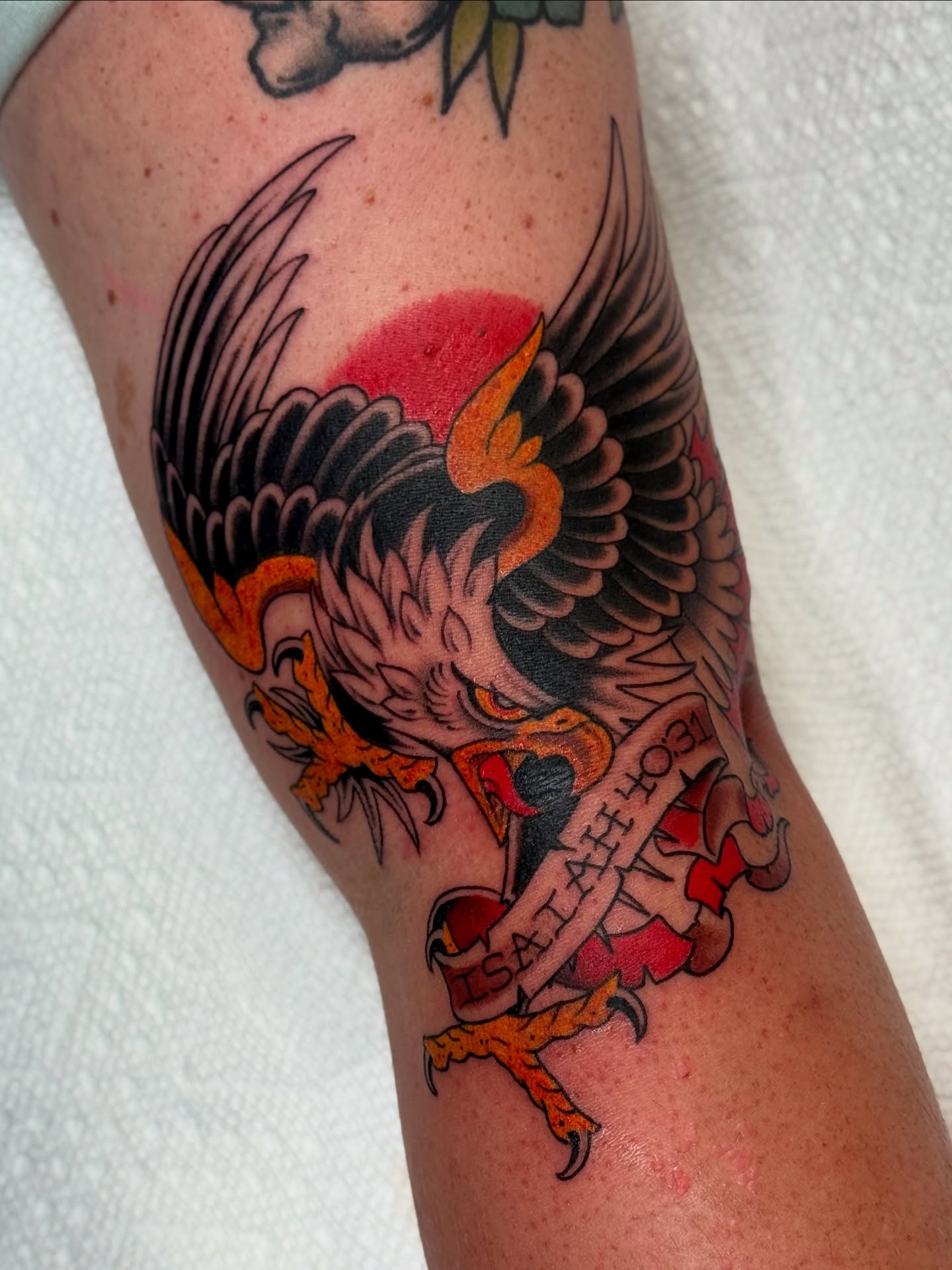 Eagle and banner American traditional tattoo on the forearm by Christopher  Cousins, Nashville, Tennessee