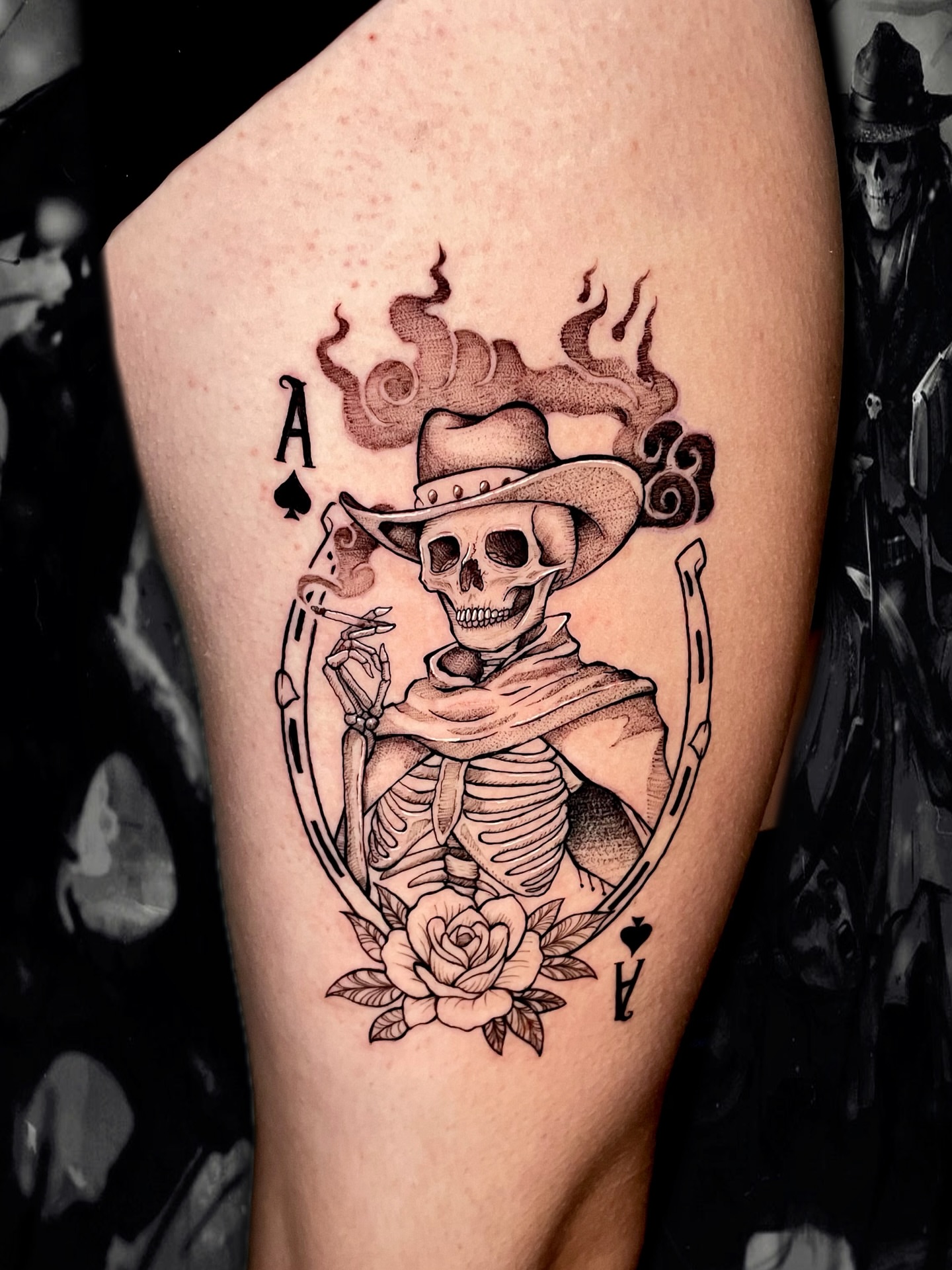 Skeleton playing card realism tattoo on the thigh by Shontel Fowler