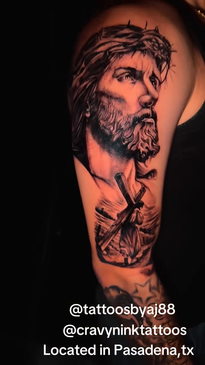 Jesus Christ portrait realism tattoo by Aj Negrete Jr.