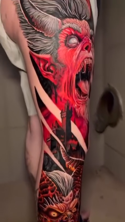 Demon and dragon dark realism tattoo by Zac Pedrosa