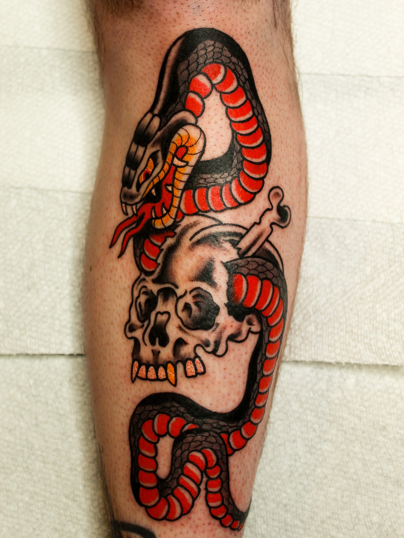 Snake and skull American traditional tattoo on the forearm by Kehrmie Tattoos, Berkeley, California