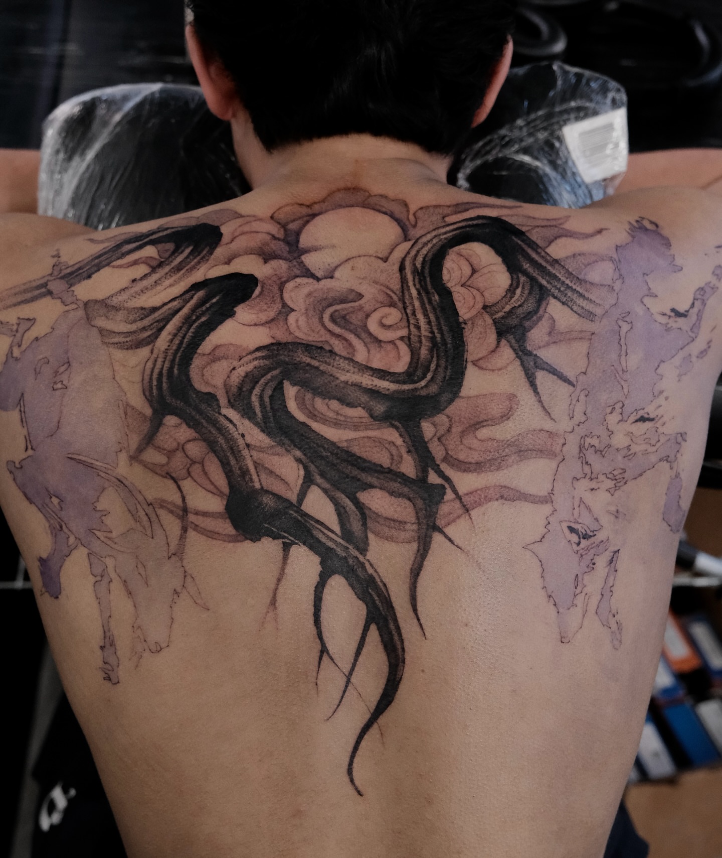 Abstract cloud realism tattoo on the back by Perth tattoo 류, Perth, Western Australia