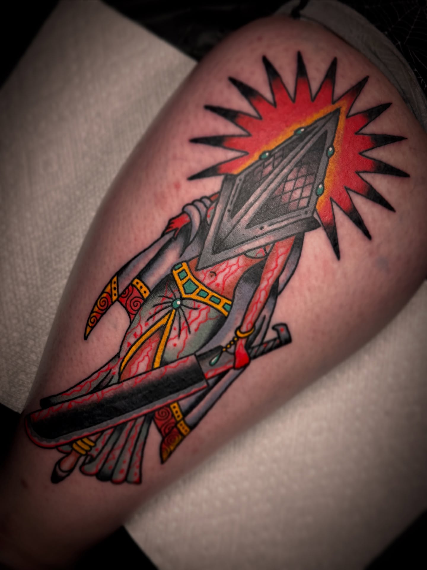 Warrior American traditional tattoo on the thigh by Drew McElveney, Austin, Texas