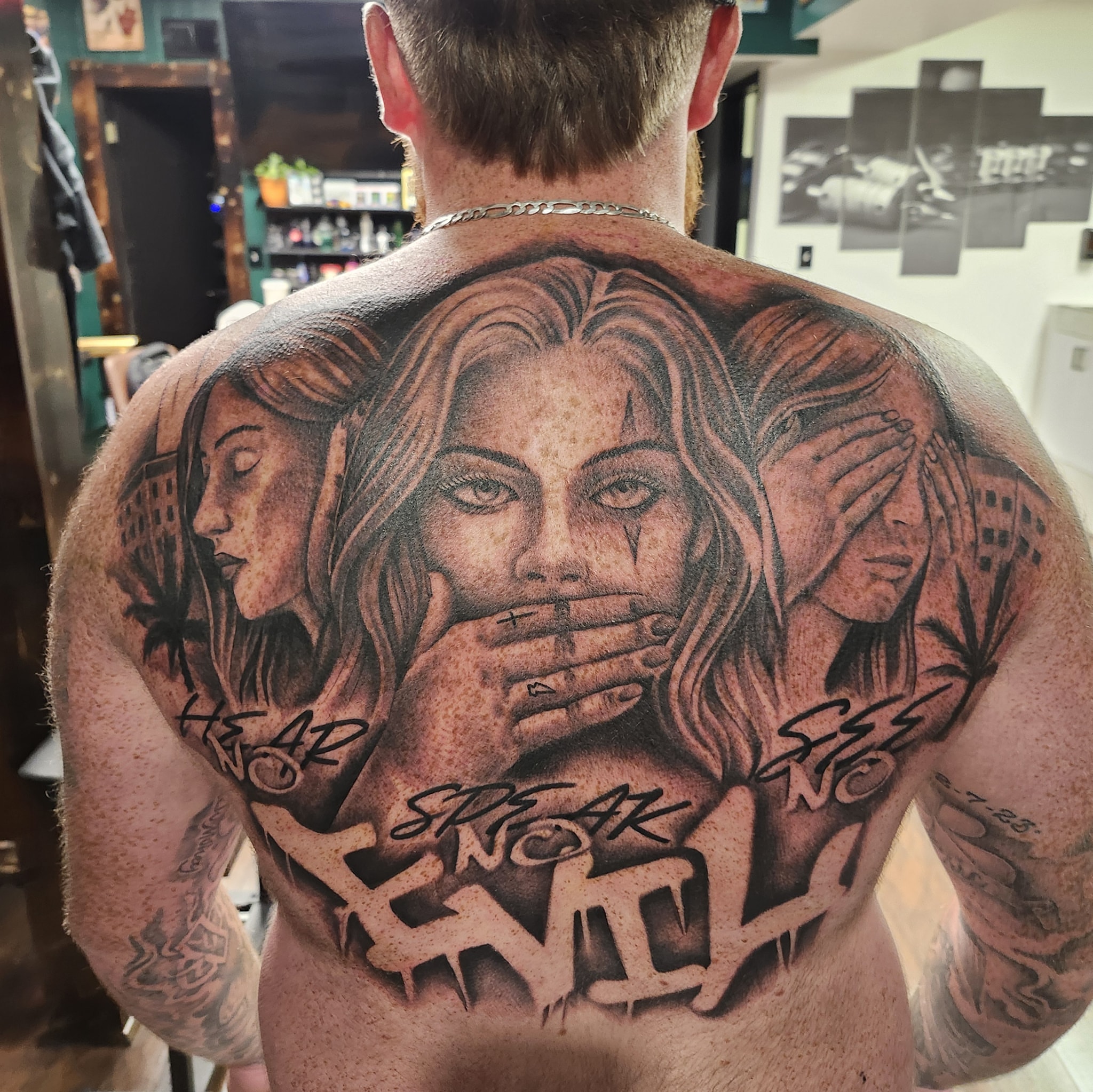 Three women and hands covering mouths realism tattoo on the back by Chris Wodarski