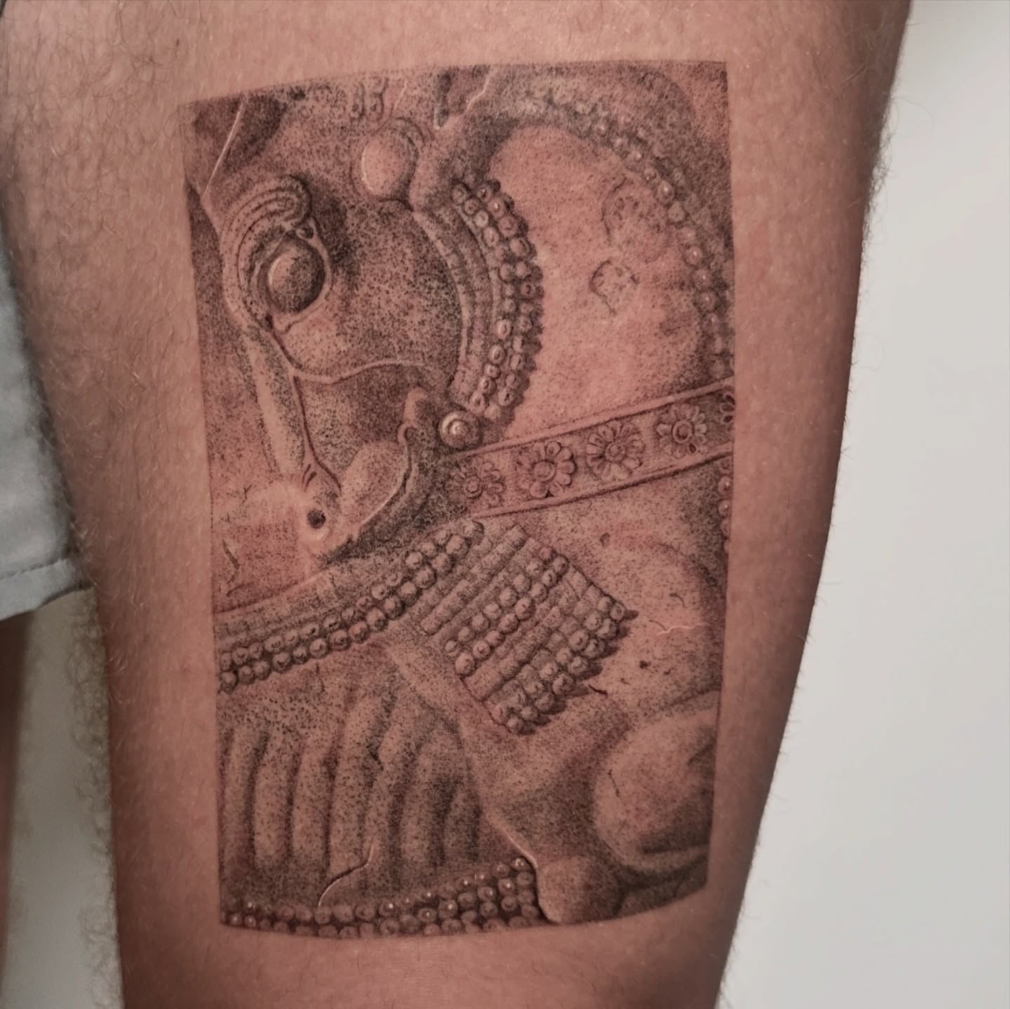 Ancient warrior dotwork tattoo on the thigh by Rachel