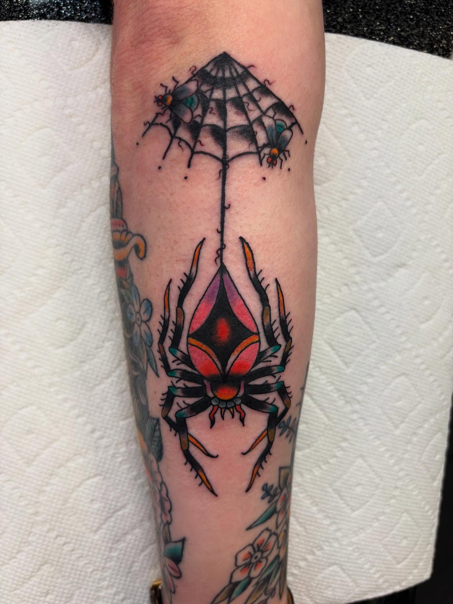 Spider American traditional tattoo on the forearm by Ben Whyte