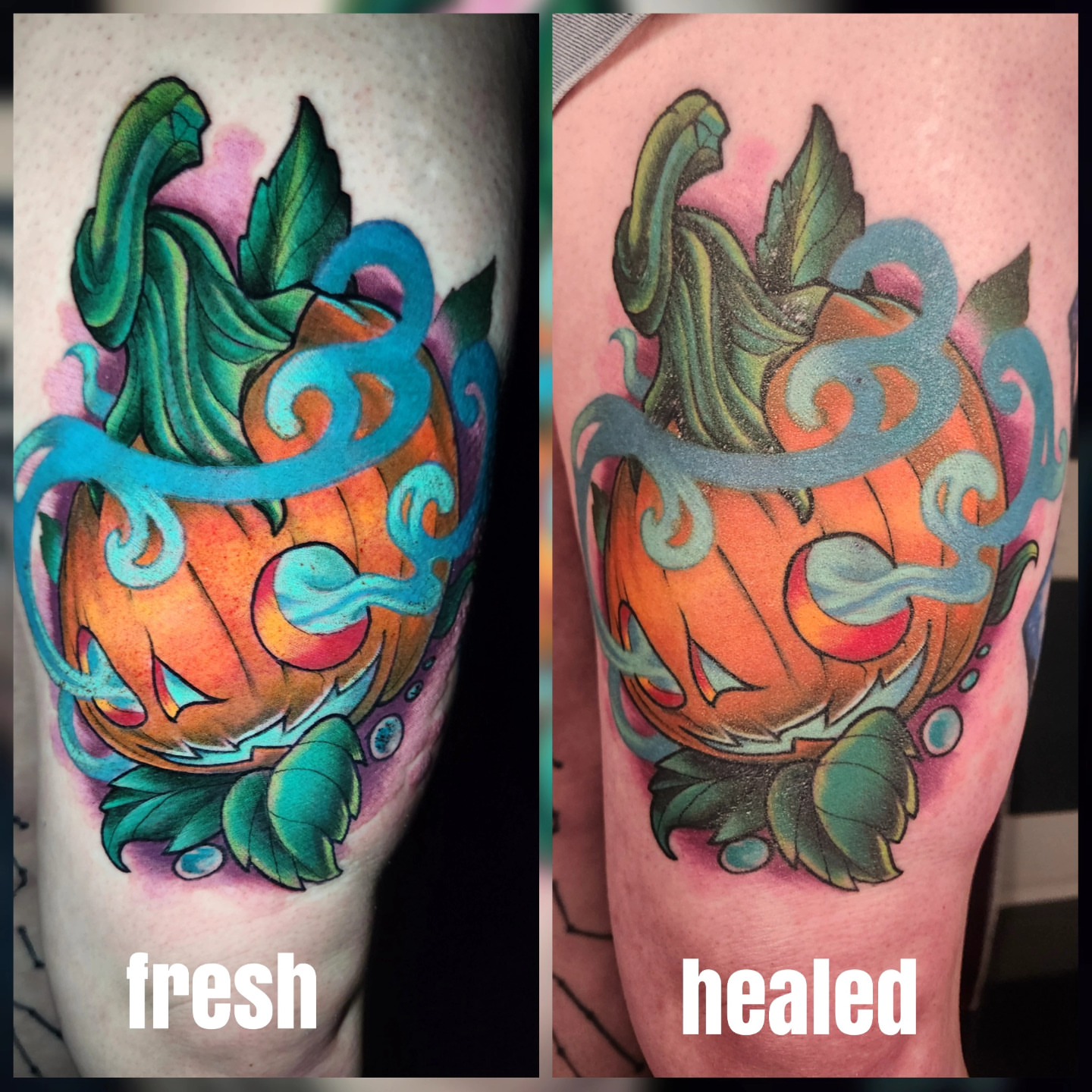 Pumpkin new school tattoo on the forearm by Chris Bowen