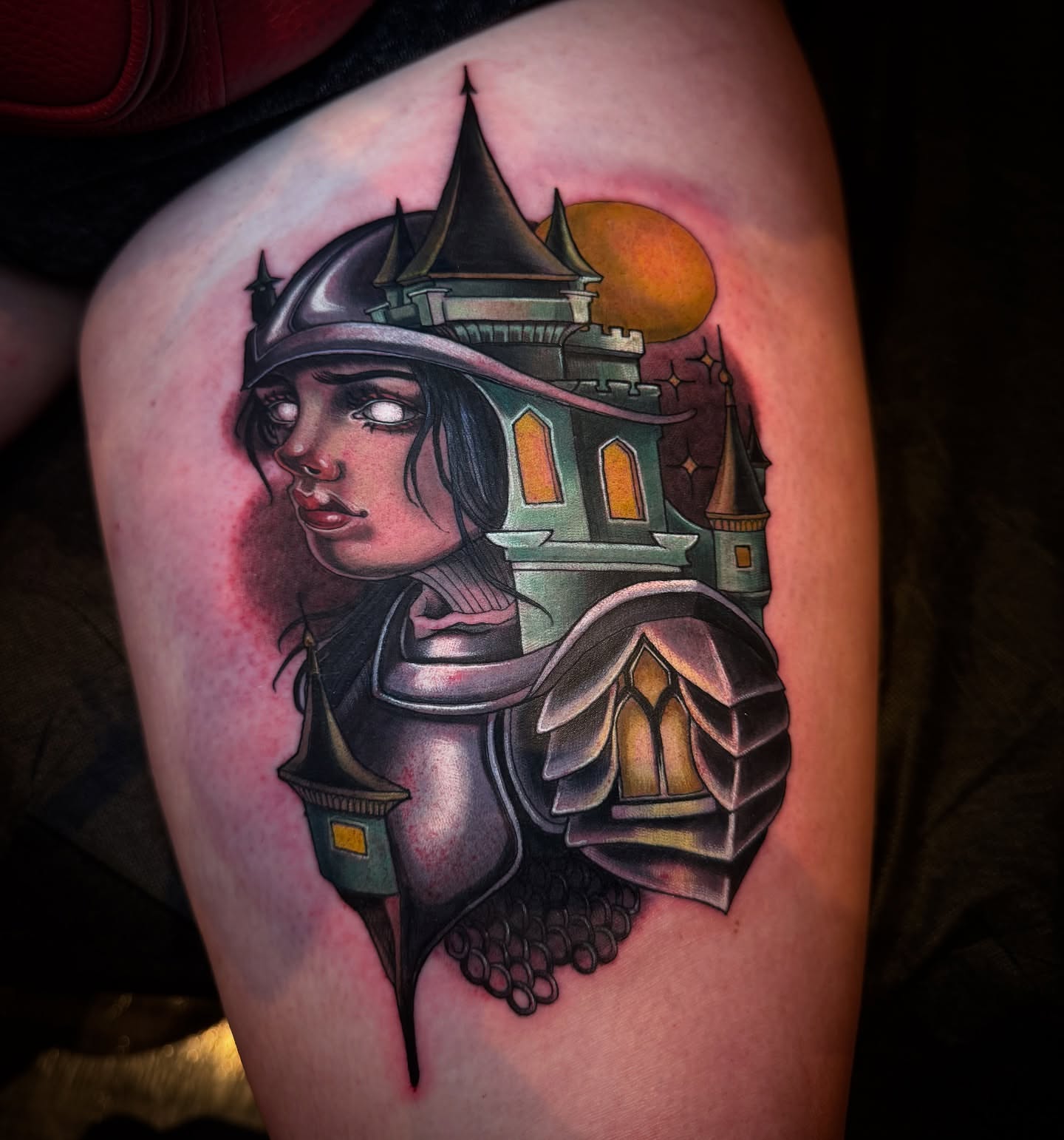 Castle and knight realism tattoo on the thigh by Jessica Brown