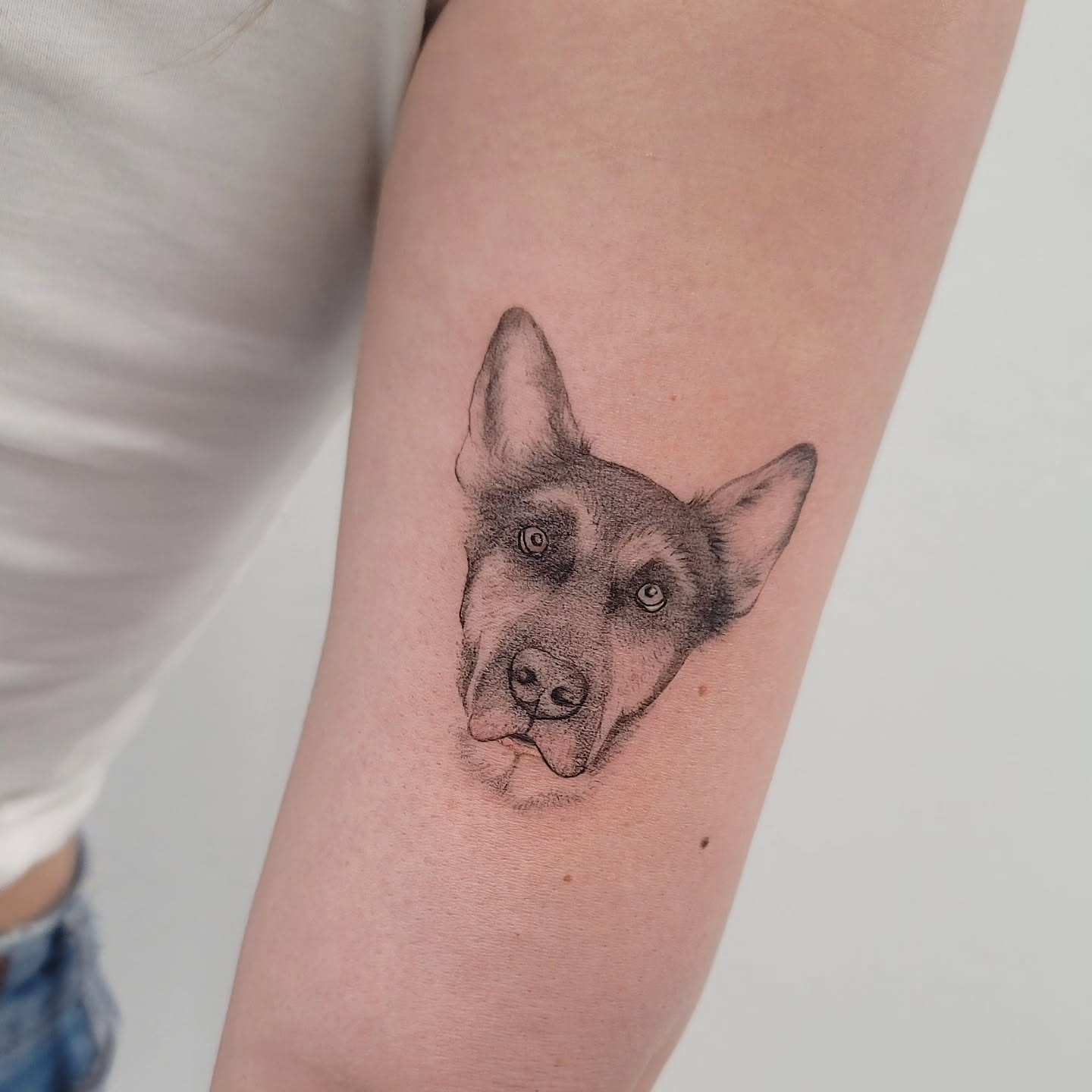 Dog dotwork tattoo on the forearm by Las Vegas Fine Line Tattoos