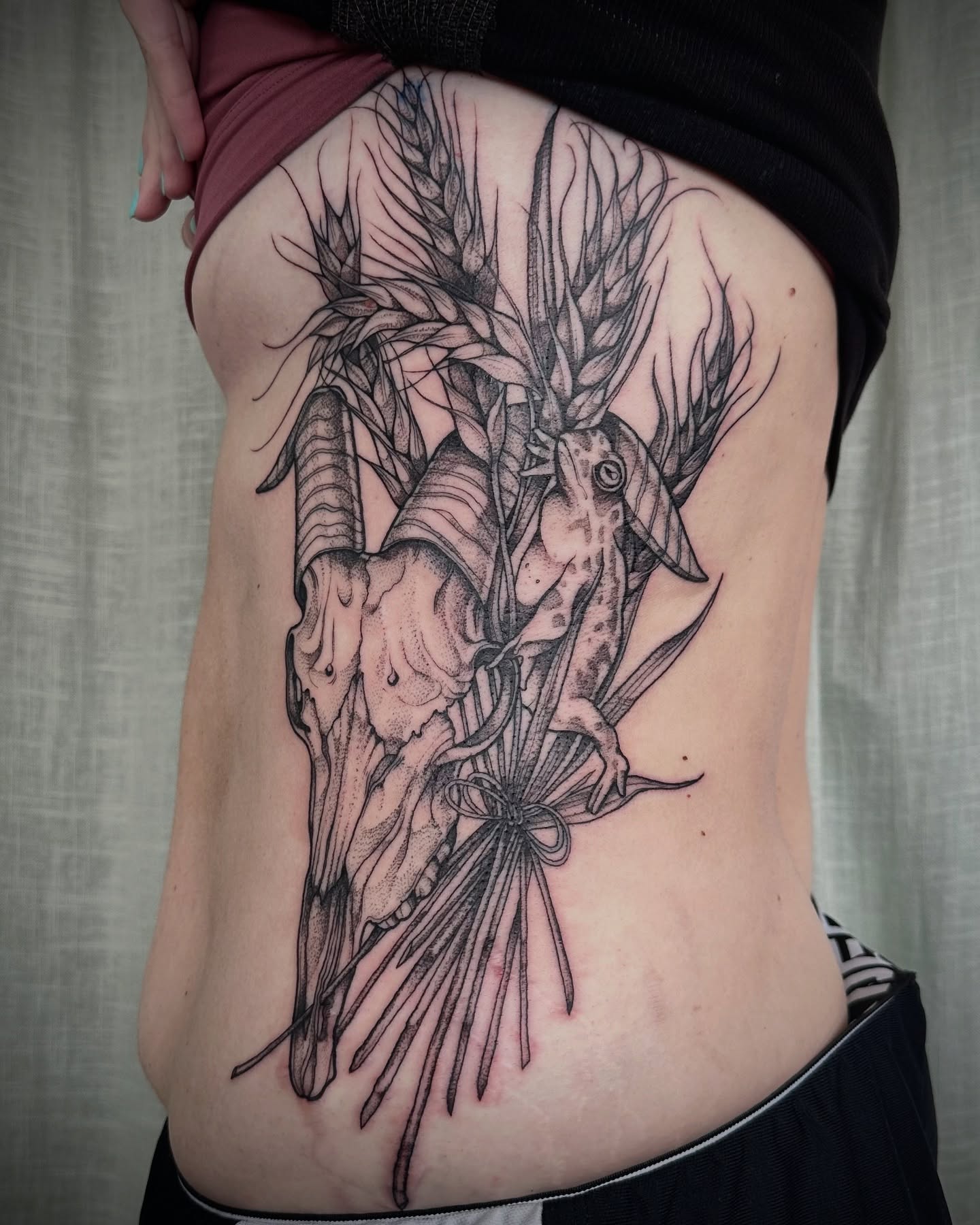 Skull with wheat dotwork tattoo on the ribs by โฃ ๐ฝ๐๐๐๐๐ ๐ฟ๐๐๐๐๐๐๐๐๐๐๐ โฃ