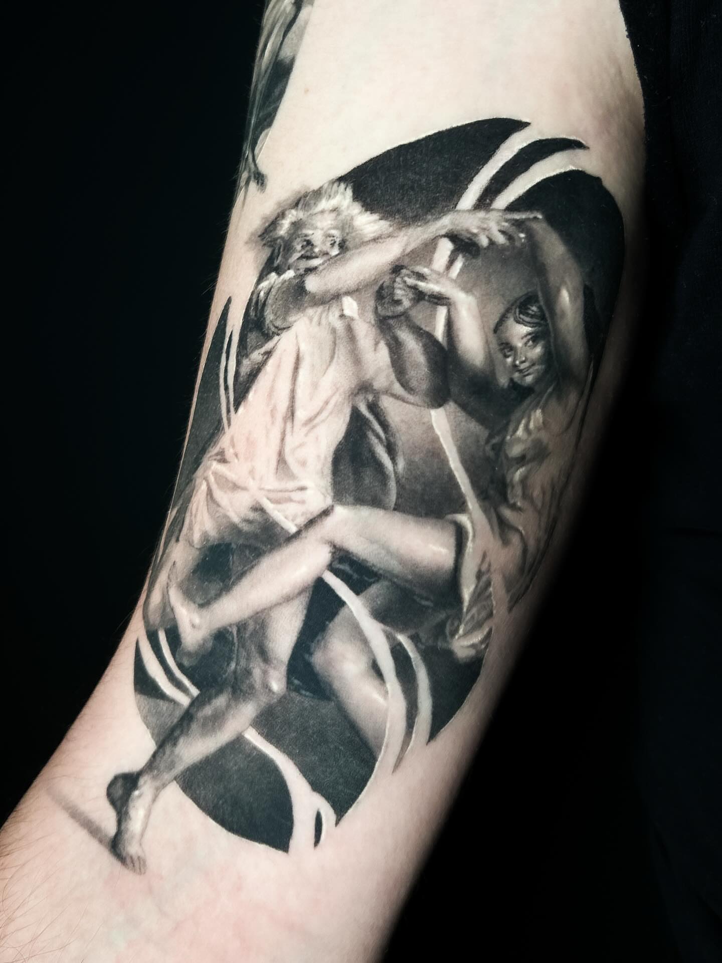 Dance scene realism tattoo on the forearm by Eltche Art Tattoo