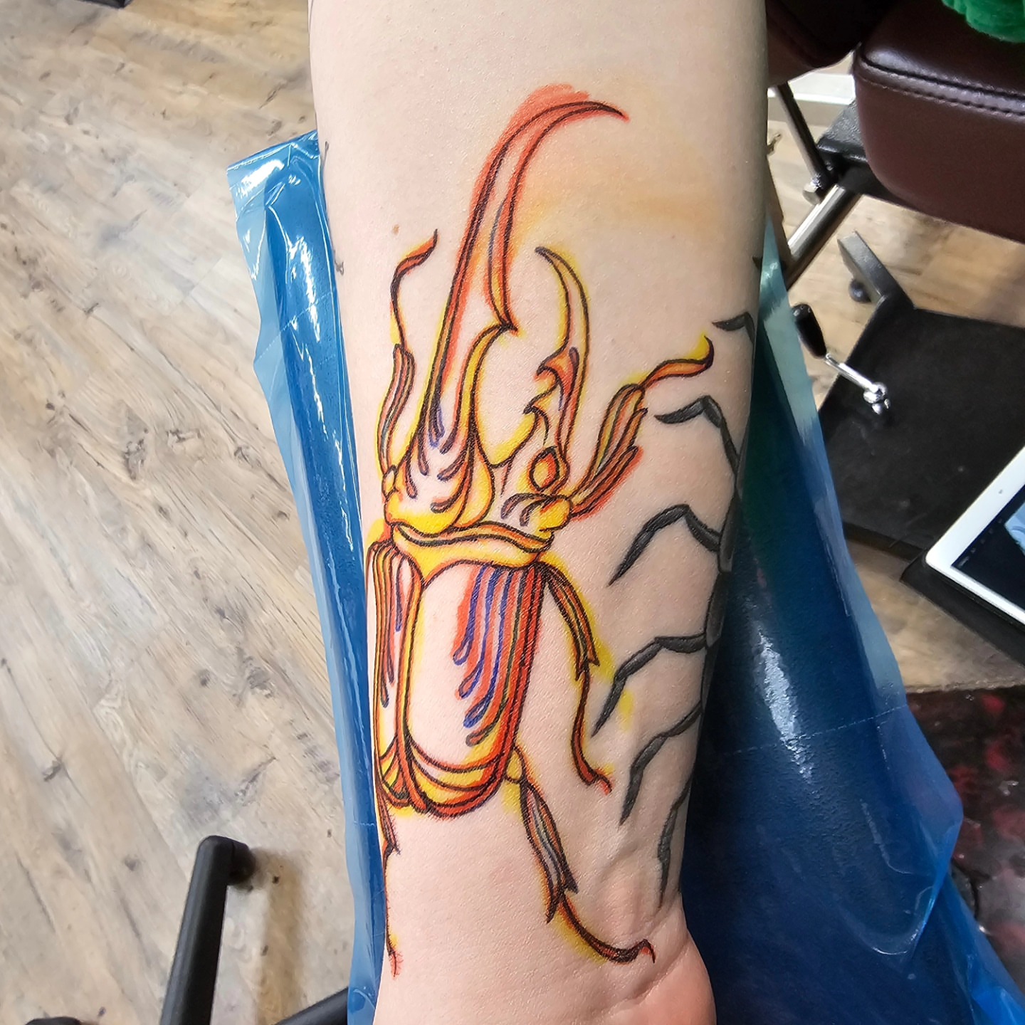 Fire beetle American traditional tattoo on the forearm by Derek Davis