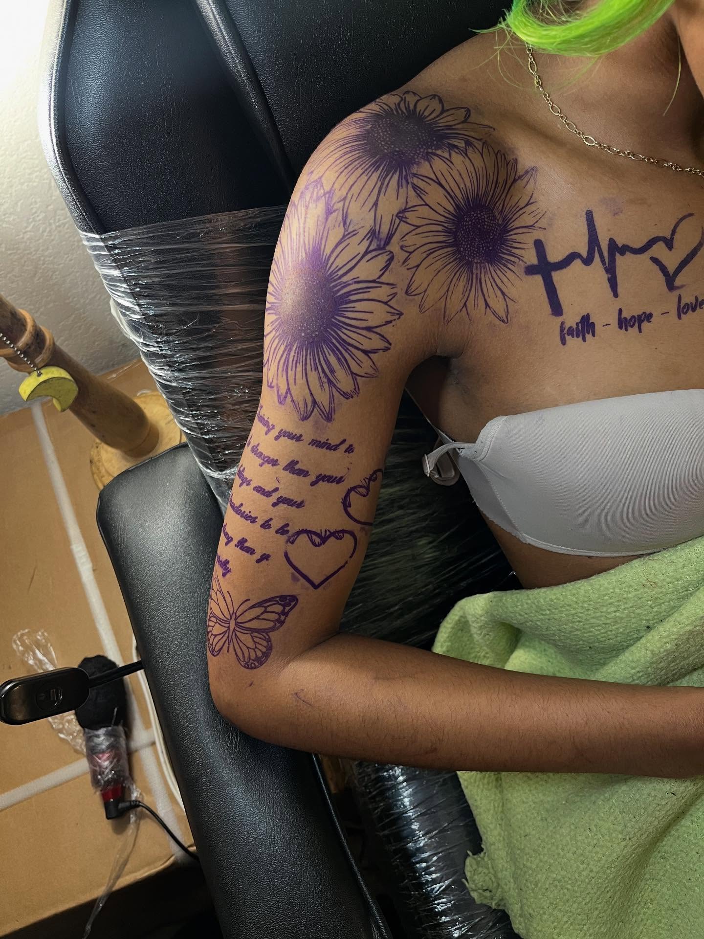 Purple floral design dotwork tattoo on the shoulder by Dm To Book ๐, Charlotte, North Carolina