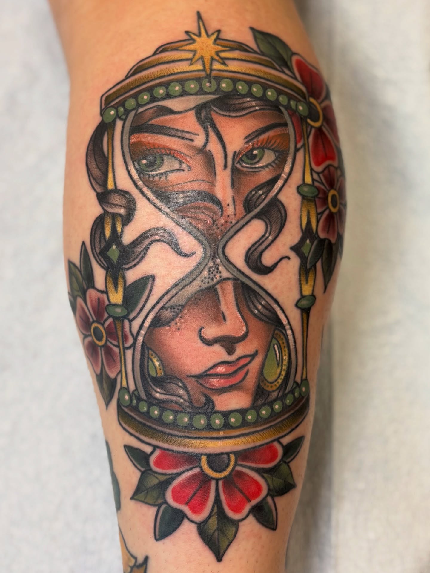 Woman's face American traditional tattoo on the forearm by Dee - MA Tattoo Artist, Concord, Massachusetts