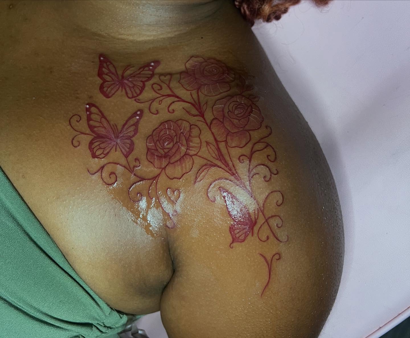 Butterflies and roses fine line tattoo on the thigh by Tatted By Layy