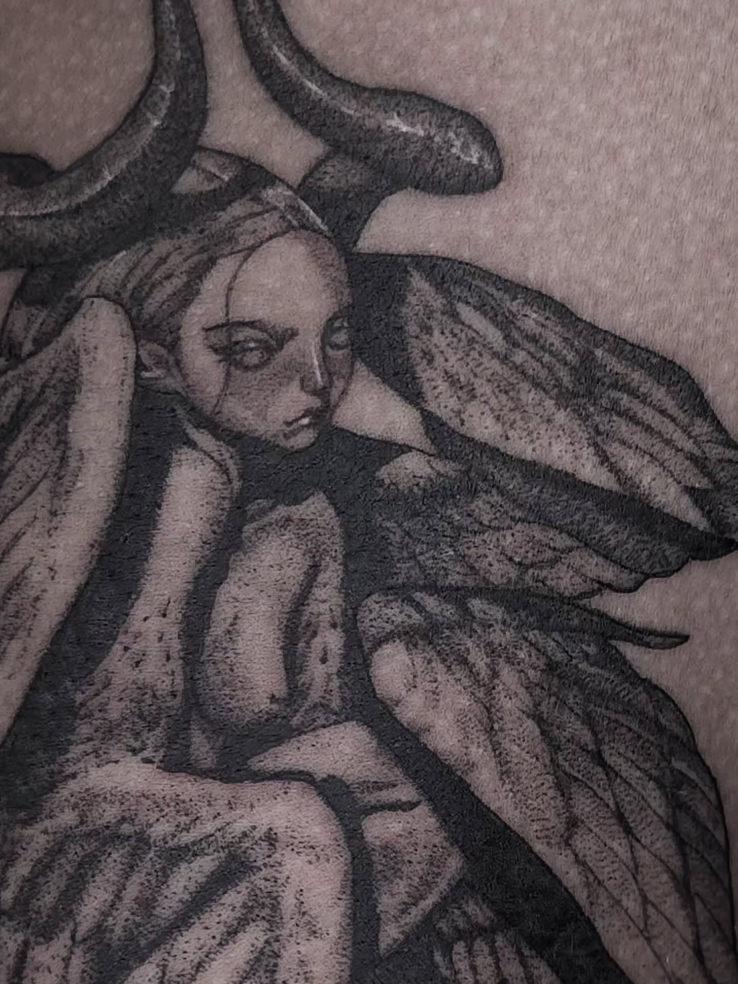 Angel with snakes dark realism tattoo on the torso by Viktoriia ▪︎ Tattoo ▪︎ Chicago ▪︎ Naperville