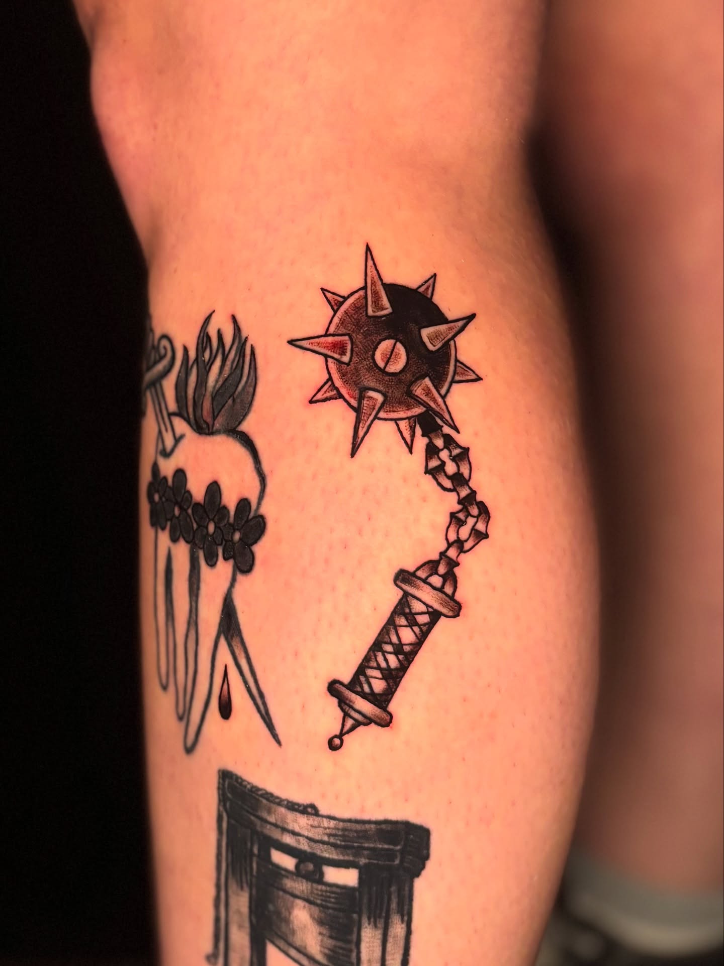 Spiked weapon neo-traditional tattoo on the forearm by Rachel