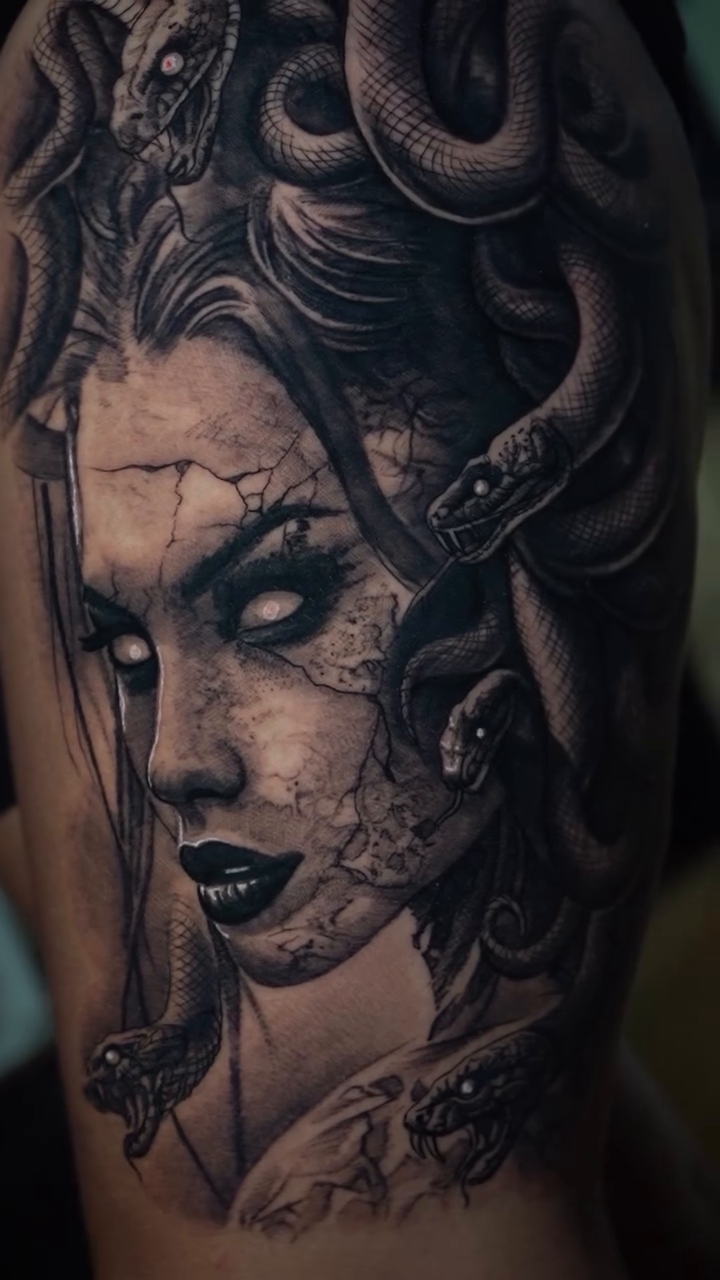 Medusa portrait realism tattoo by Ryan Gage Gonzalez