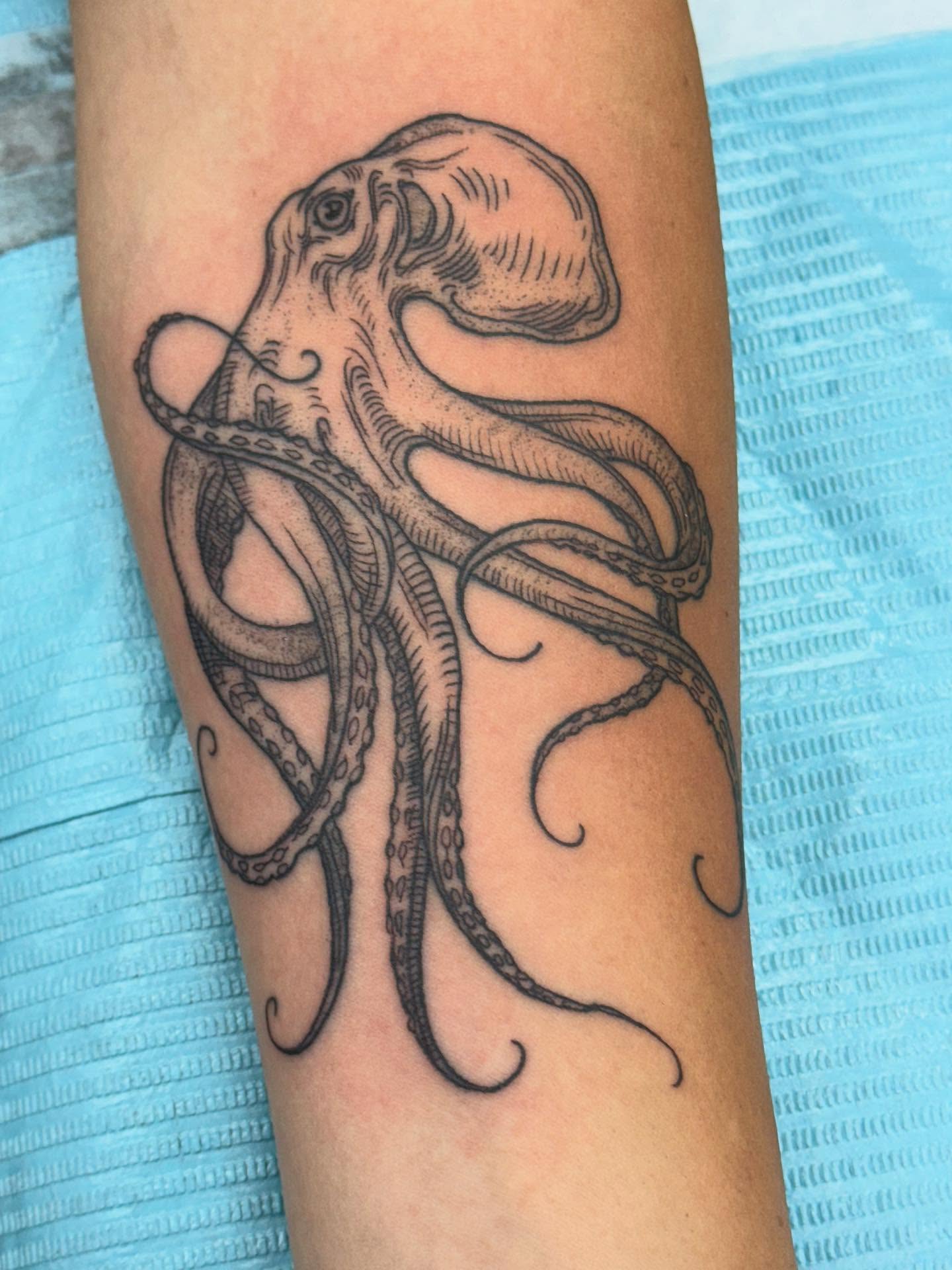 Octopus realism tattoo on the forearm by Aaron Hassler, Nashville, Tennessee