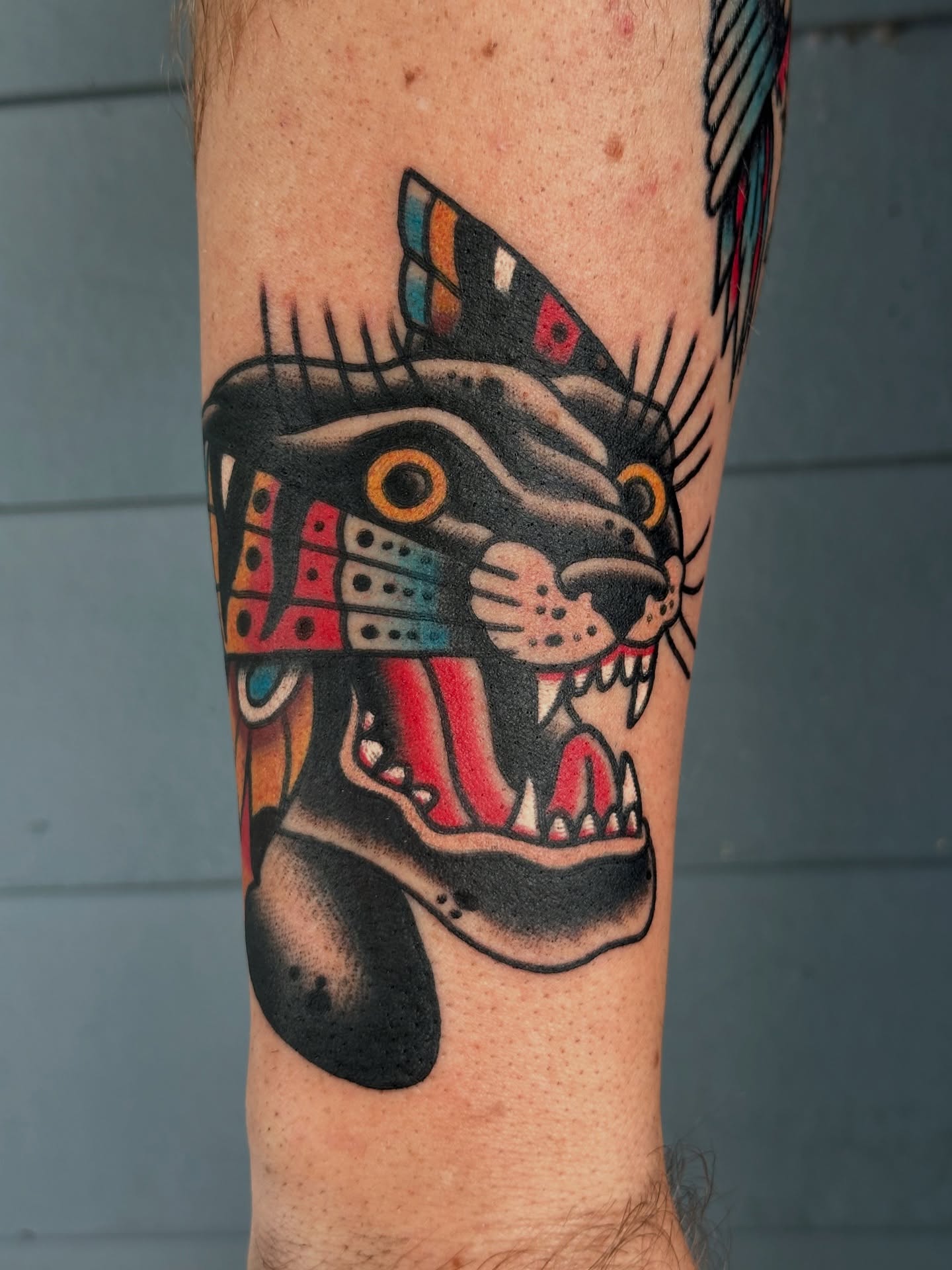 Panther head American traditional tattoo on the forearm by Michael Williams