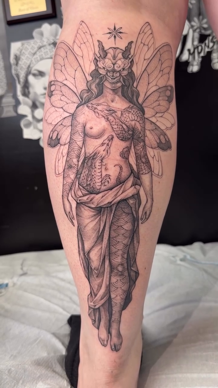 Fairy woman with wings and horns realism tattoo by Tetiana Maxon