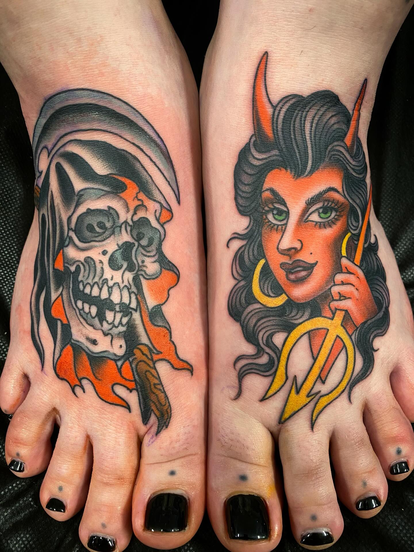 Malevolent woman and skull American traditional tattoo on the foot by Adam Warmerdam, Los Angeles, California